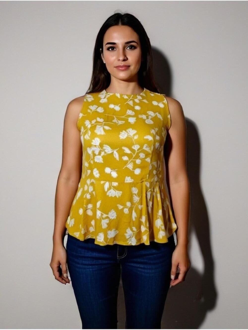 Yellow Women's Boho Sleeveless Floral top 1x Spring Summer peplum waist light